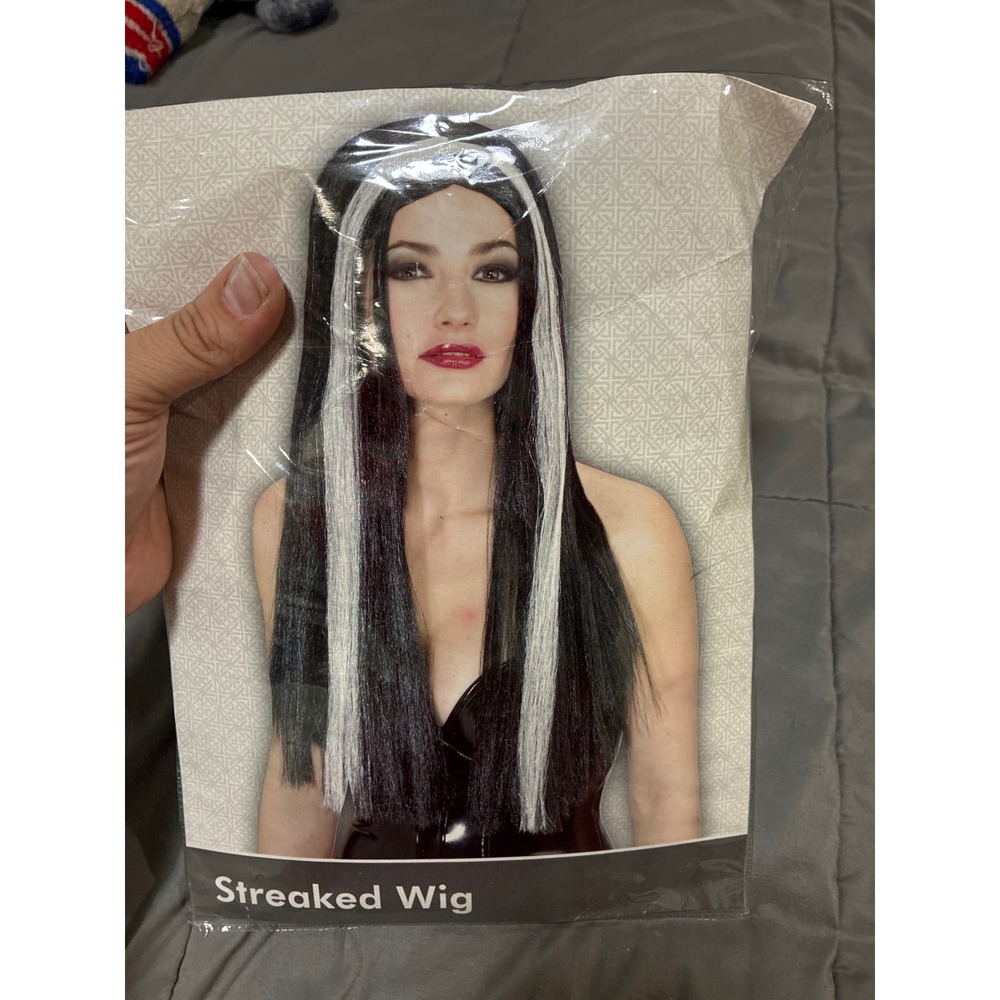 Long Black Streaked Wig White Highlights Costume Goth Vampire Cosplay New